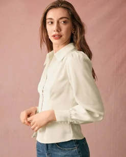 The Solid Collared Puff Sleeve Satin Blouse