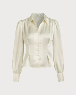 The Solid Collared Puff Sleeve Satin Blouse