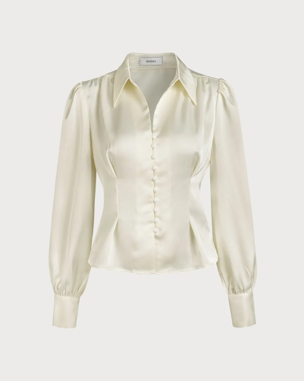The Solid Collared Puff Sleeve Satin Blouse