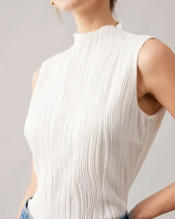 The Solid Mock Neck Water Ripple Textured Tank Top