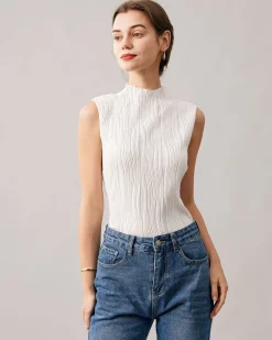 The Solid Mock Neck Water Ripple Textured Tank Top