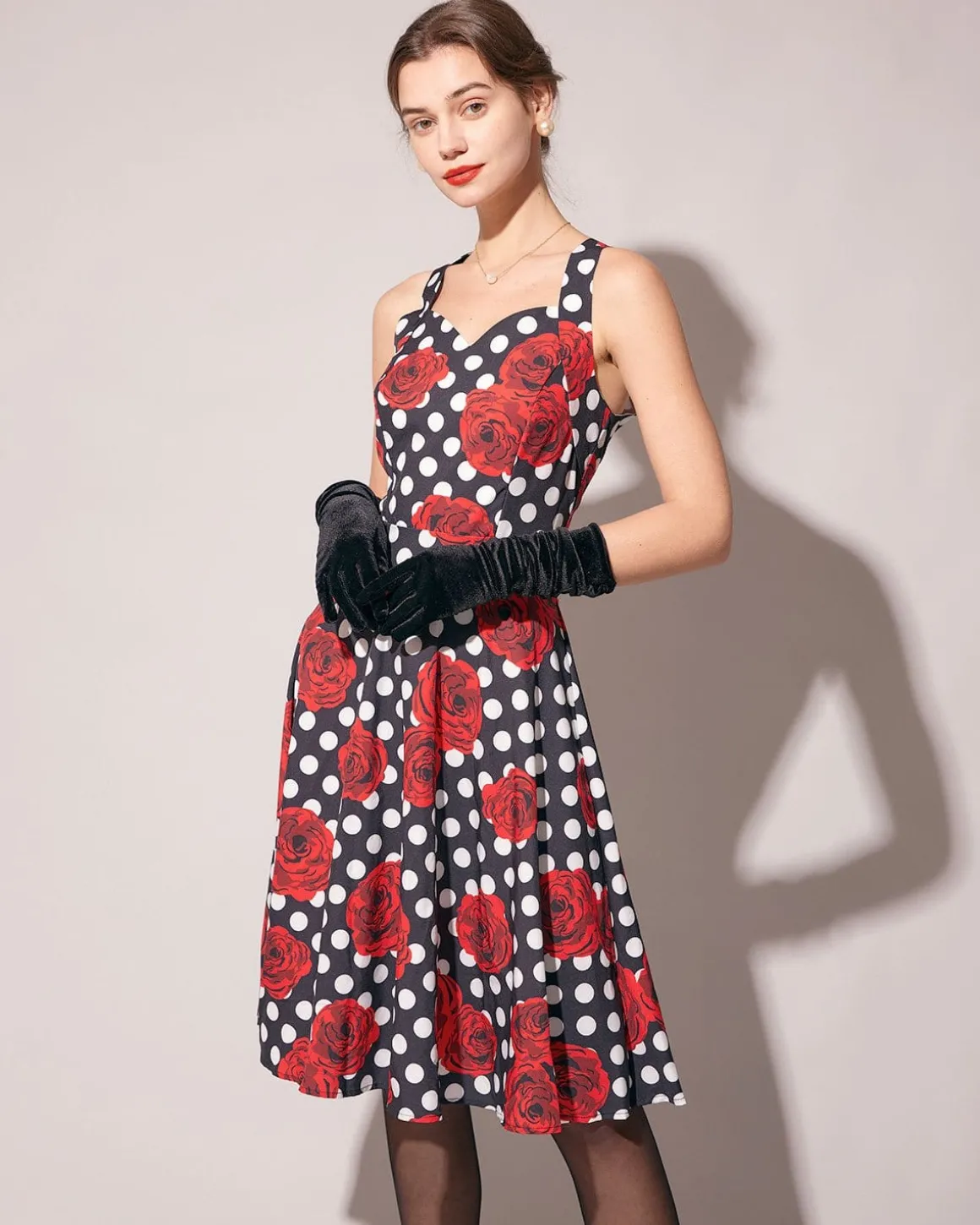 The Sweetheart Neck Polka Dot Rose Halter Midi Dress