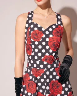 The Sweetheart Neck Polka Dot Rose Halter Midi Dress