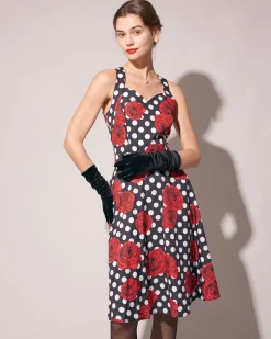 The Sweetheart Neck Polka Dot Rose Halter Midi Dress