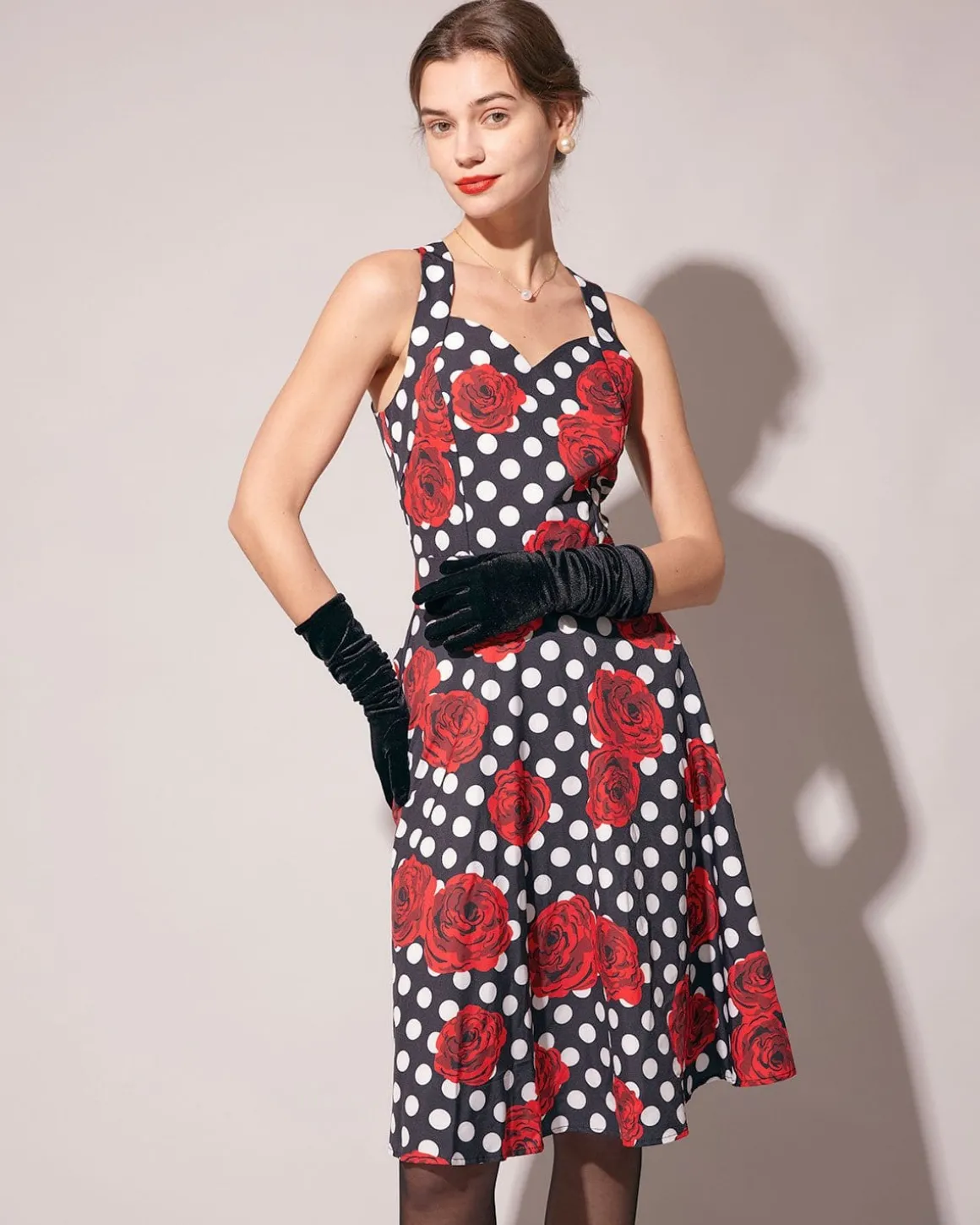The Sweetheart Neck Polka Dot Rose Halter Midi Dress