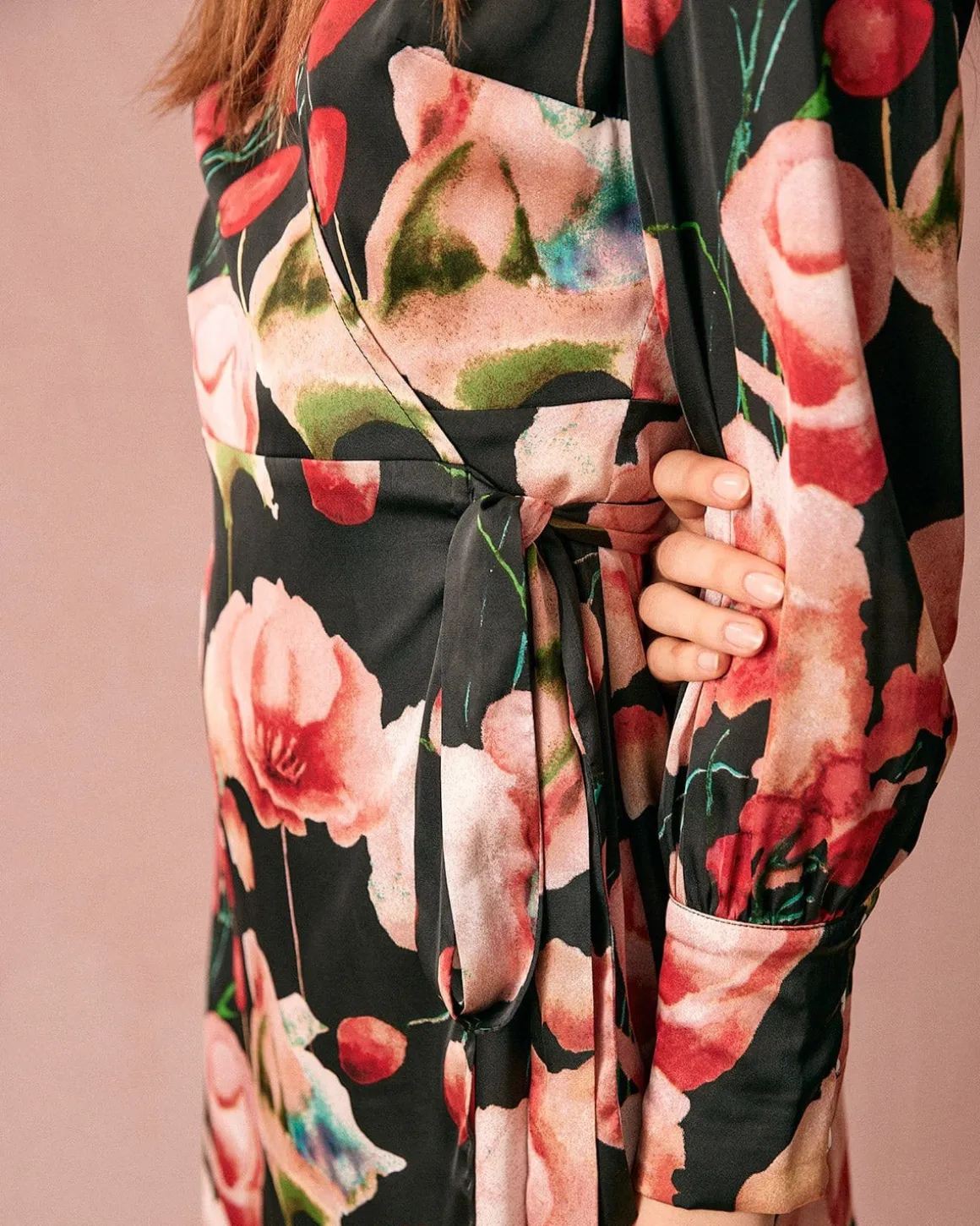 The V Neck Long Sleeve Floral Wrap Mini Dress