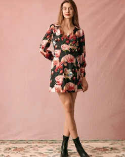 The V Neck Long Sleeve Floral Wrap Mini Dress