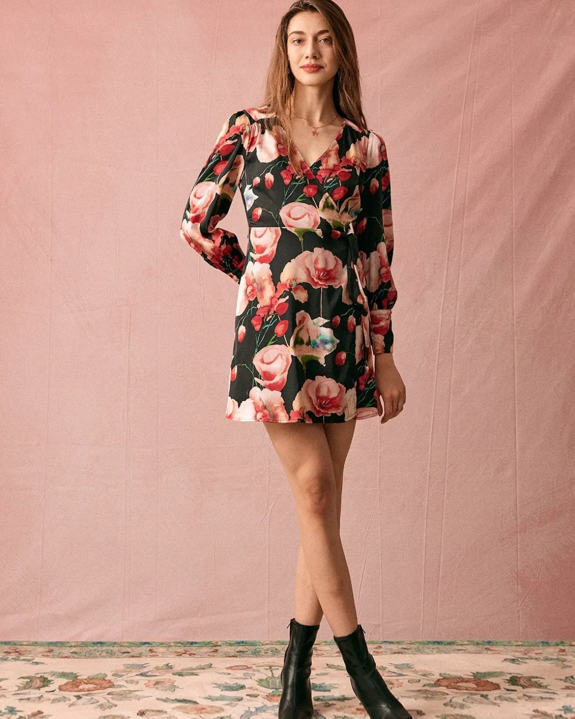 The V Neck Long Sleeve Floral Wrap Mini Dress