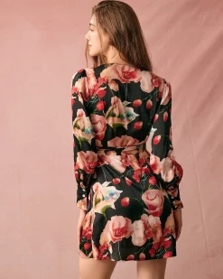 The V Neck Long Sleeve Floral Wrap Mini Dress