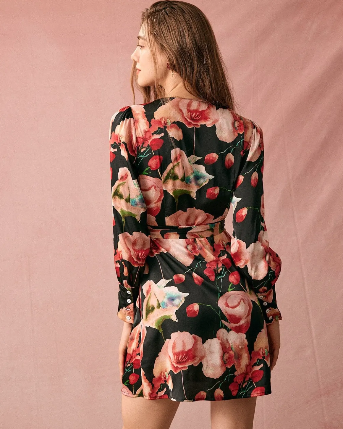 The V Neck Long Sleeve Floral Wrap Mini Dress