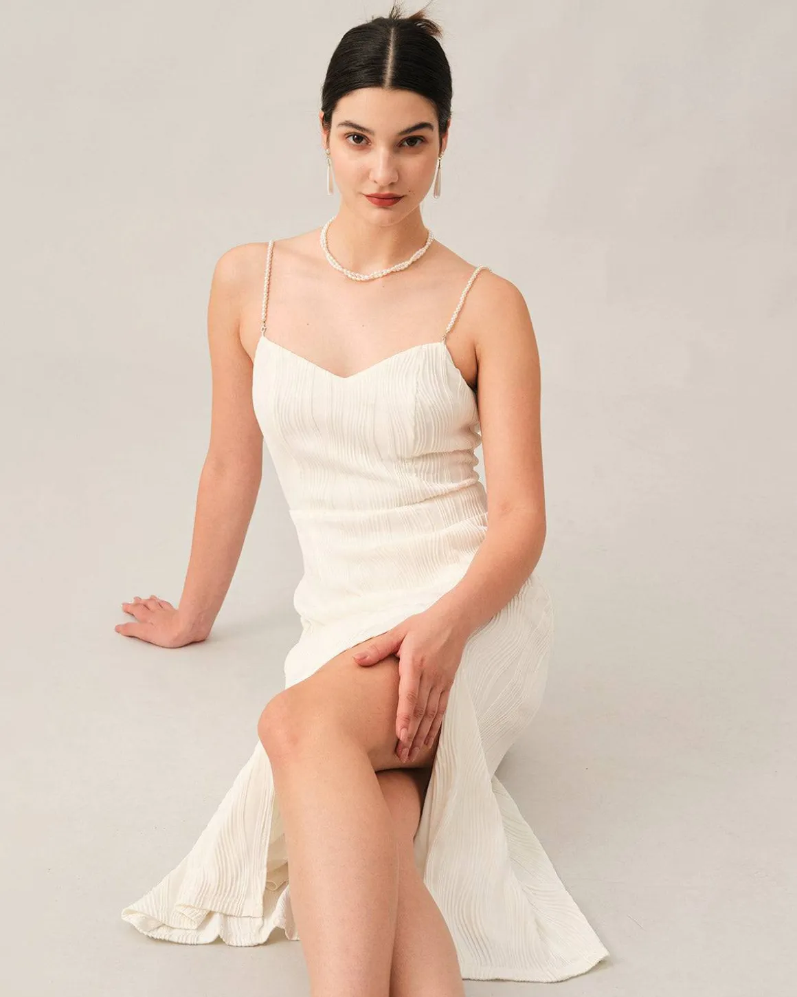 The Wave Textured Pearl Strap Midi Dress