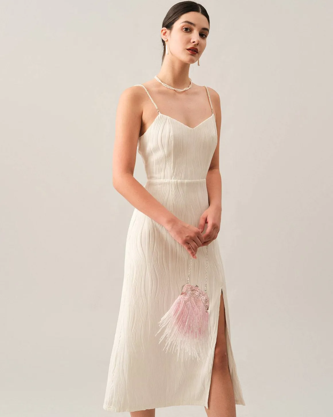 The Wave Textured Pearl Strap Midi Dress