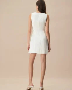 The White Boat Neck Bowknot Satin Mini Dress