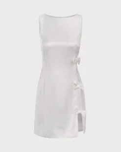 The White Boat Neck Bowknot Satin Mini Dress