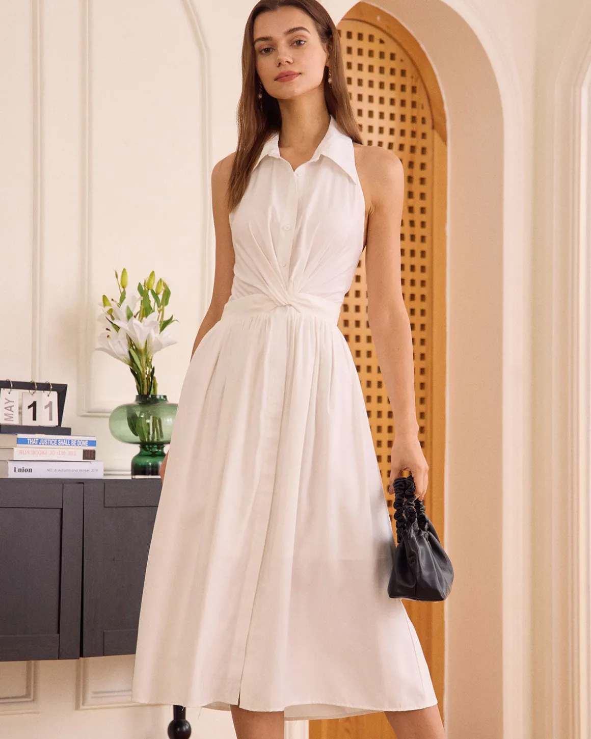 The White Collared Twist Backless Midi Dress
