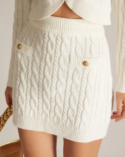 The White Elastic Waist Button Cable Mini Skirt