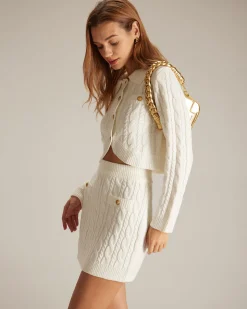The White Elastic Waist Button Cable Mini Skirt