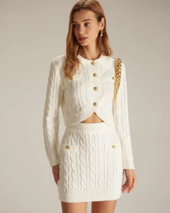 The White Elastic Waist Button Cable Mini Skirt