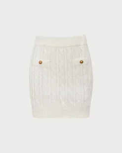 The White Elastic Waist Button Cable Mini Skirt