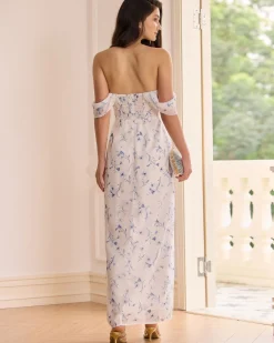 The White Floral Slit Strapless Maxi Dress