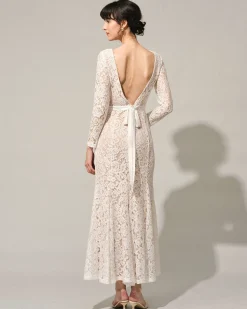 The White Lace Long Sleeve Backless Maxi Dress