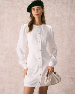 The White Round Neck Button Mini Dress
