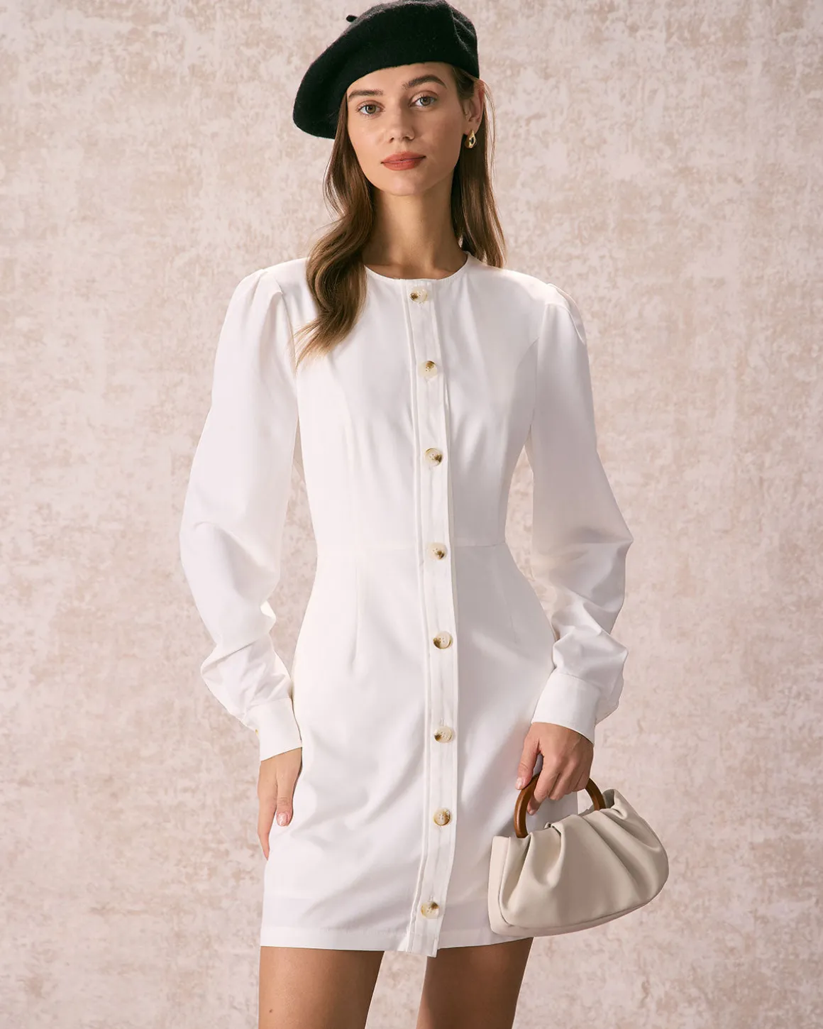 The White Round Neck Button Mini Dress