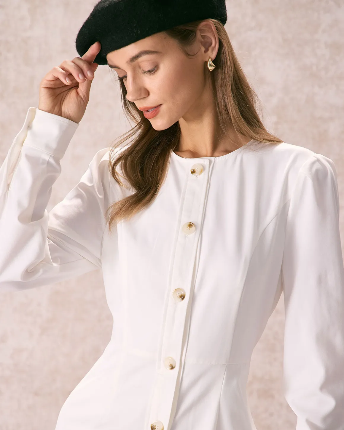 The White Round Neck Button Mini Dress