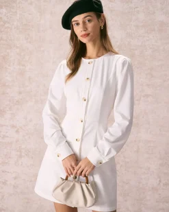 The White Round Neck Button Mini Dress