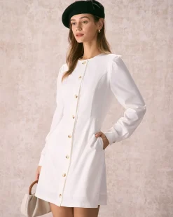 The White Round Neck Button Mini Dress