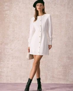 The White Round Neck Button Mini Dress