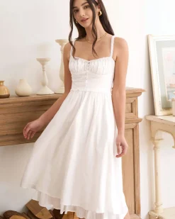 The White Ruched Slip Cotton Midi Dress
