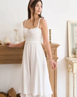 The White Ruched Slip Cotton Midi Dress