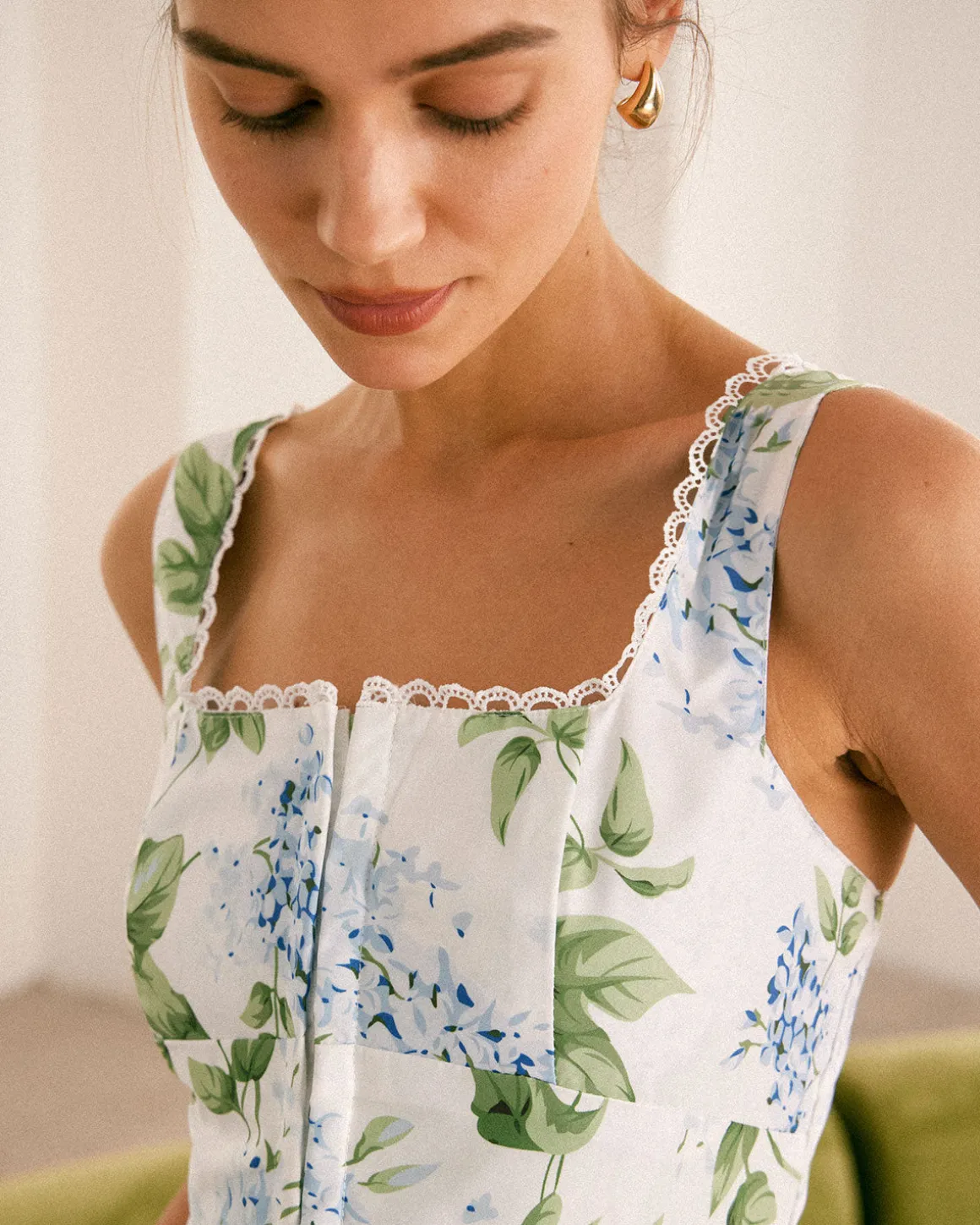 The White Square Neck Floral A-Line Midi Dress