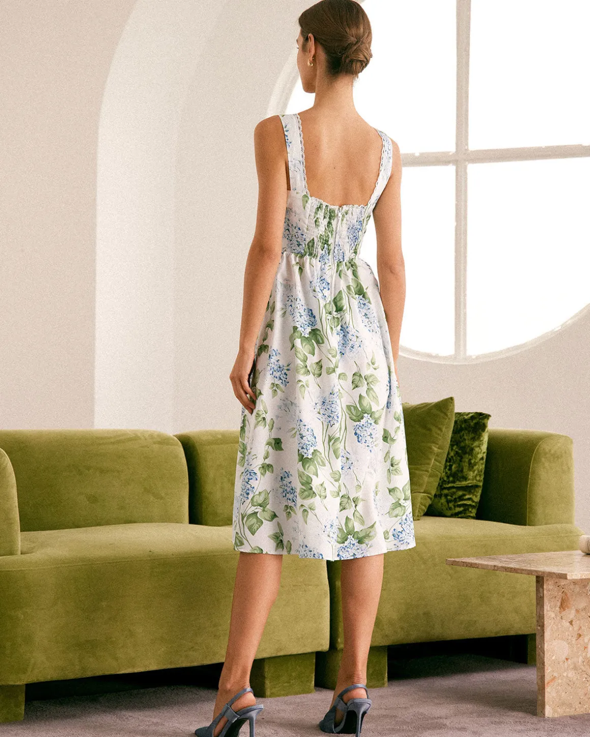 The White Square Neck Floral A-Line Midi Dress