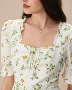 The White Square Neck Frill Trim Floral Midi Dress