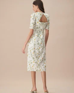 The White Square Neck Frill Trim Floral Midi Dress