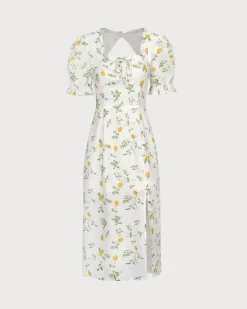 The White Square Neck Frill Trim Floral Midi Dress