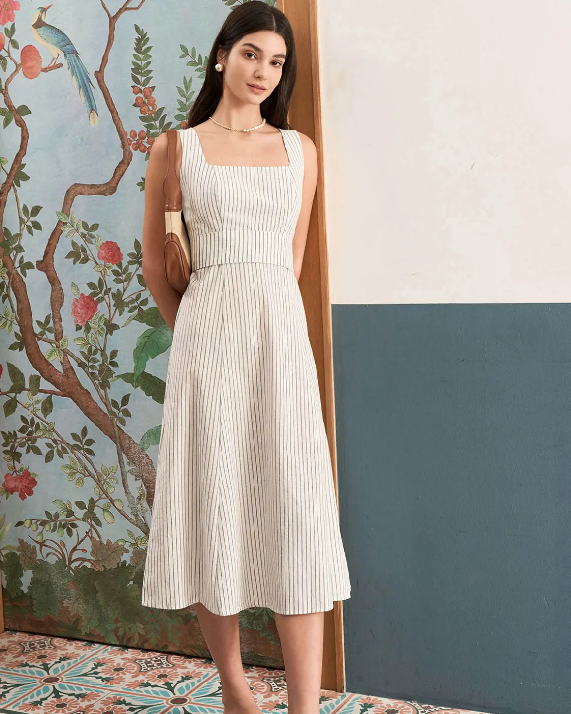 The White Square Neck Striped Midi Dress