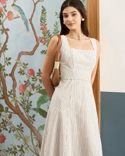 The White Square Neck Striped Midi Dress