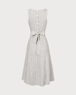 The White Square Neck Striped Midi Dress