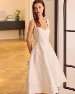 The White Sweetheart Neck Jacquard Midi Dress