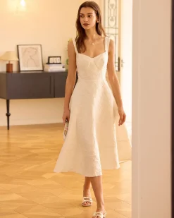 The White Sweetheart Neck Jacquard Midi Dress