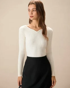 The White V Neck Teardrop Ribbed Knit Top
