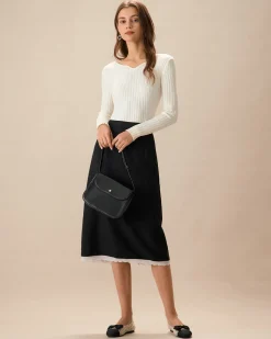 The White V Neck Teardrop Ribbed Knit Top