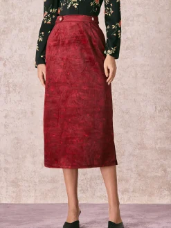 The Wine Red Split Hem Velvet Midi Skirt