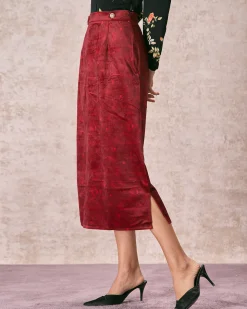The Wine Red Split Hem Velvet Midi Skirt