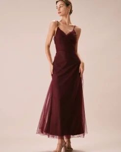 The Wine Red V Neck Mesh Wrap Maxi Dress