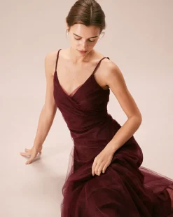 The Wine Red V Neck Mesh Wrap Maxi Dress