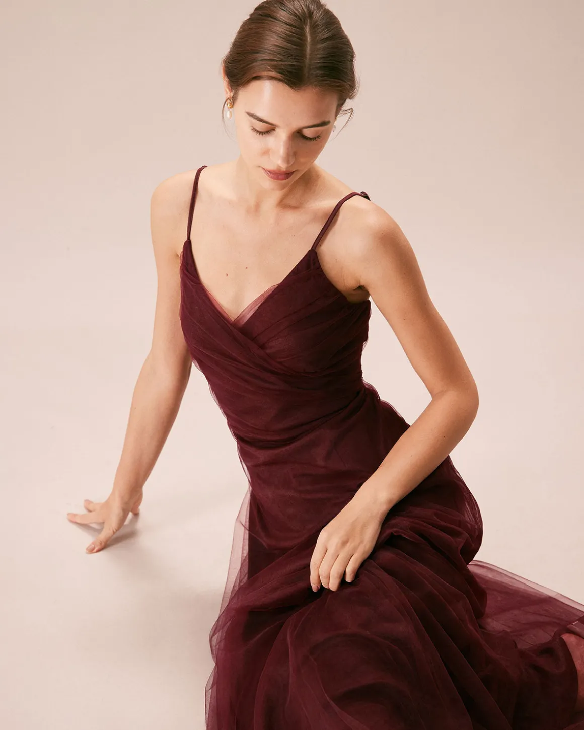 The Wine Red V Neck Mesh Wrap Maxi Dress